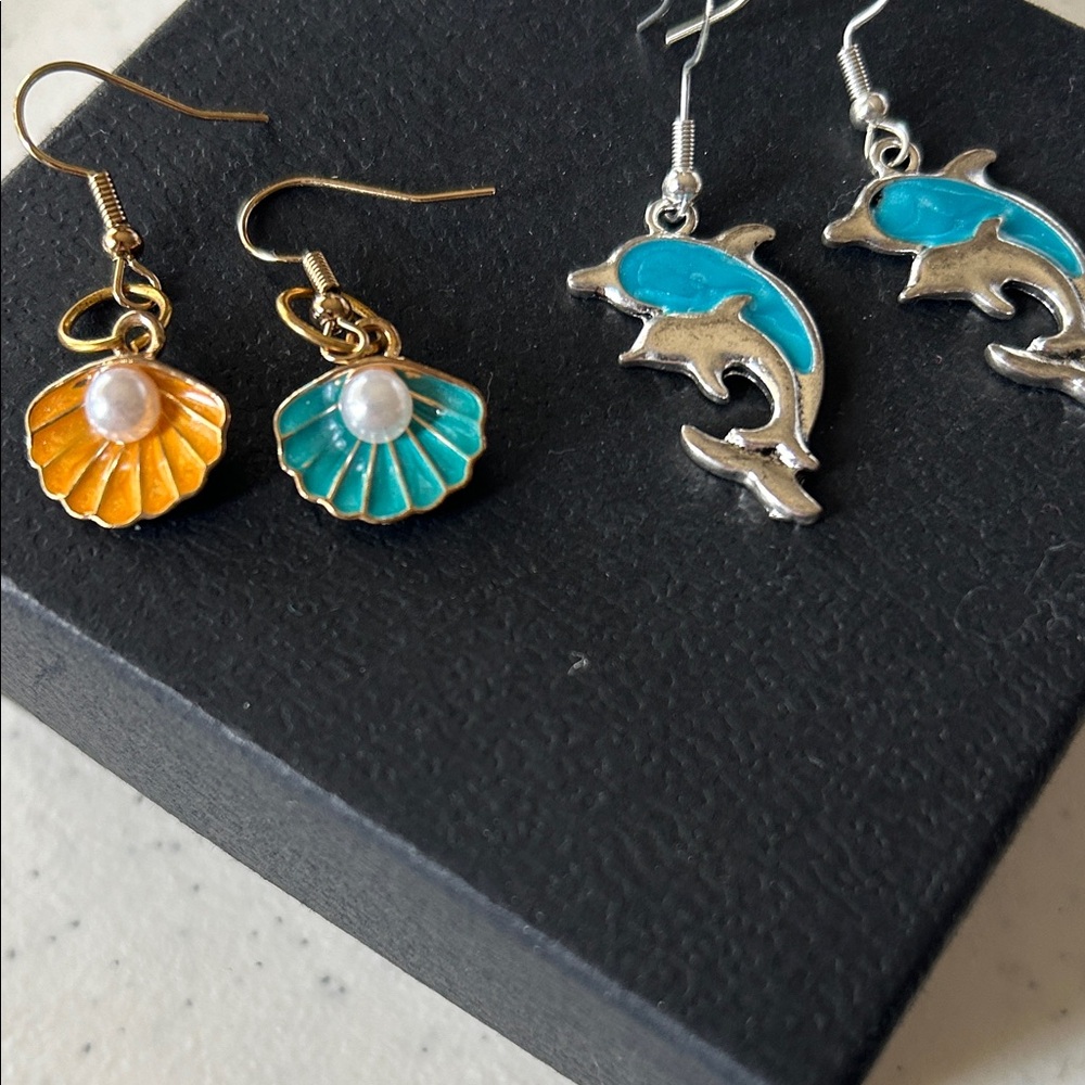 Oceanic scallop shells & dolphins Teal & Gold and Silver Earrings Set